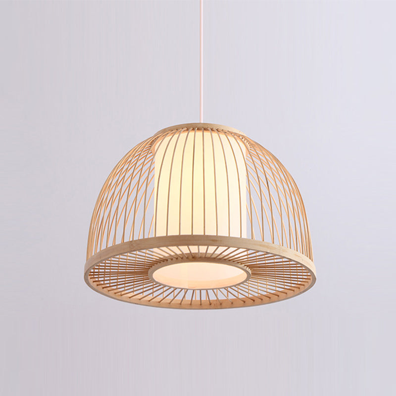 Domed Pendant Light Asian Bamboo 1 Bulb 14"/16" Wide Wood Suspended Lighting Fixture Clearhalo 'Ceiling Lights' 'Pendant Lights' 'Pendants' Lighting' 361376