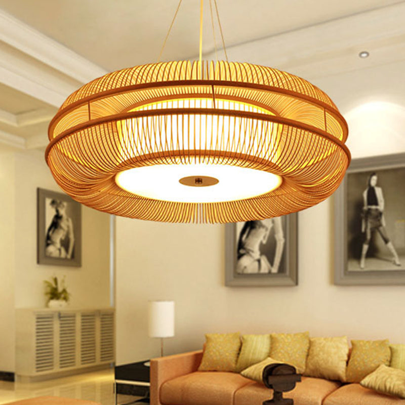 Dunut Pendant Lamp Chinese Bamboo 1 Bulb Beige Hanging Ceiling Light, 25.5"/31.5" Shade Clearhalo 'Ceiling Lights' 'Pendant Lights' 'Pendants' Lighting' 361395