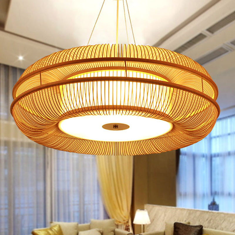 Dunut Pendant Lamp Chinese Bamboo 1 Bulb Beige Hanging Ceiling Light, 25.5"/31.5" Shade Clearhalo 'Ceiling Lights' 'Pendant Lights' 'Pendants' Lighting' 361396