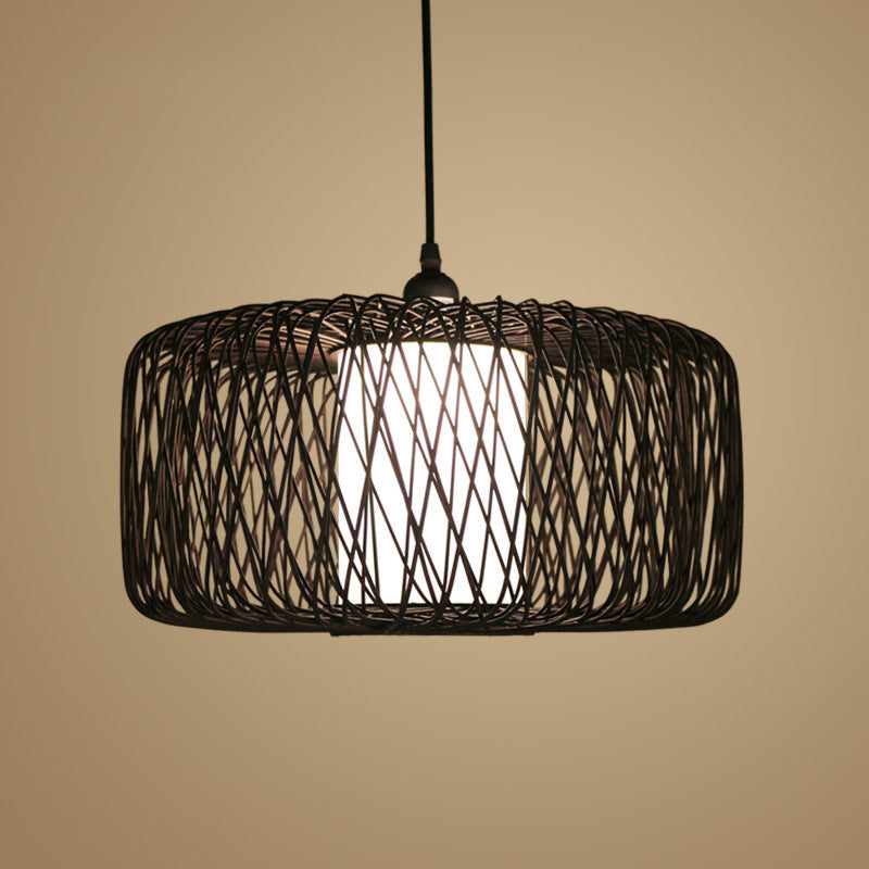 Drum Bamboo Hanging Lamp Asian 1 Bulb Beige/Black Pendant Lighting Fixture for Dining Room Clearhalo 'Ceiling Lights' 'Pendant Lights' 'Pendants' Lighting' 361401