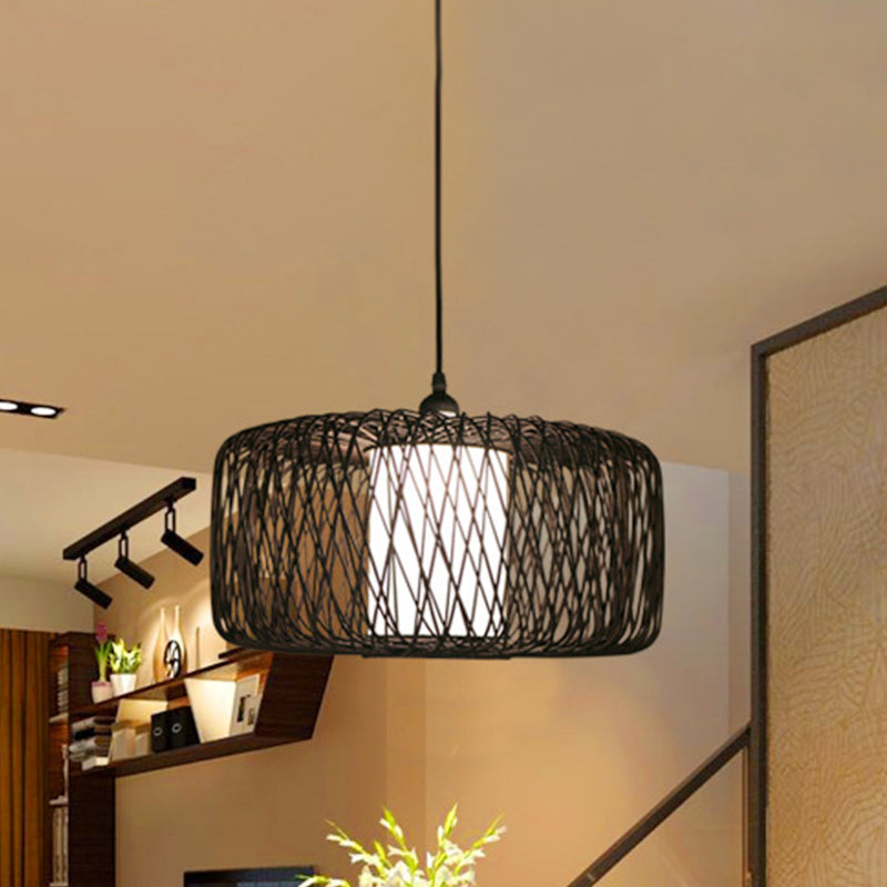 Drum Bamboo Hanging Lamp Asian 1 Bulb Beige/Black Pendant Lighting Fixture for Dining Room Clearhalo 'Ceiling Lights' 'Pendant Lights' 'Pendants' Lighting' 361402