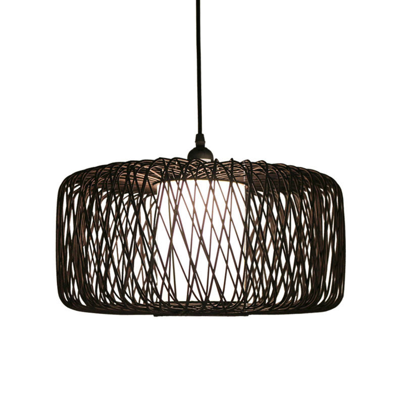 Drum Bamboo Hanging Lamp Asian 1 Bulb Beige/Black Pendant Lighting Fixture for Dining Room Clearhalo 'Ceiling Lights' 'Pendant Lights' 'Pendants' Lighting' 361404