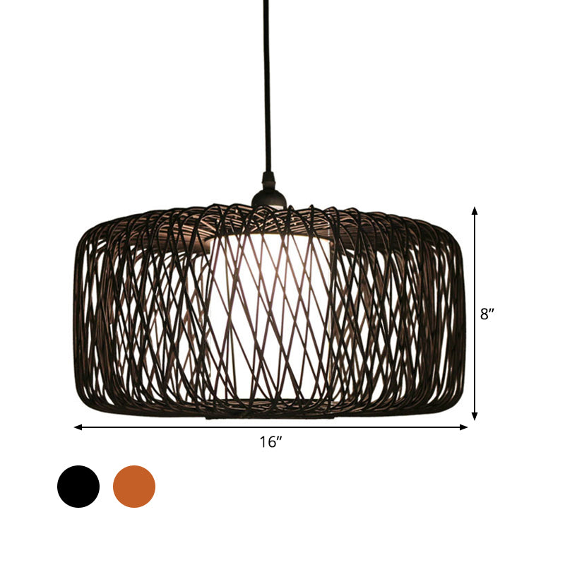 Drum Bamboo Hanging Lamp Asian 1 Bulb Beige/Black Pendant Lighting Fixture for Dining Room Clearhalo 'Ceiling Lights' 'Pendant Lights' 'Pendants' Lighting' 361405