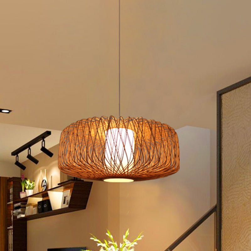 Drum Bamboo Hanging Lamp Asian 1 Bulb Beige/Black Pendant Lighting Fixture for Dining Room Clearhalo 'Ceiling Lights' 'Pendant Lights' 'Pendants' Lighting' 361406