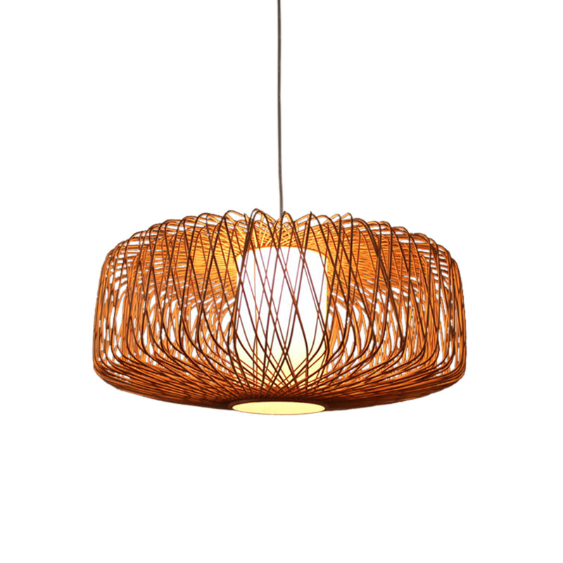 Drum Bamboo Hanging Lamp Asian 1 Bulb Beige/Black Pendant Lighting Fixture for Dining Room Clearhalo 'Ceiling Lights' 'Pendant Lights' 'Pendants' Lighting' 361408