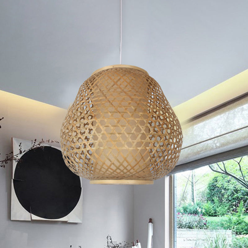 Asian 1 Bulb Pendant Lighting Beige Teardrop Hanging Ceiling Light with Bamboo Shade Clearhalo 'Ceiling Lights' 'Pendant Lights' 'Pendants' Lighting' 361415