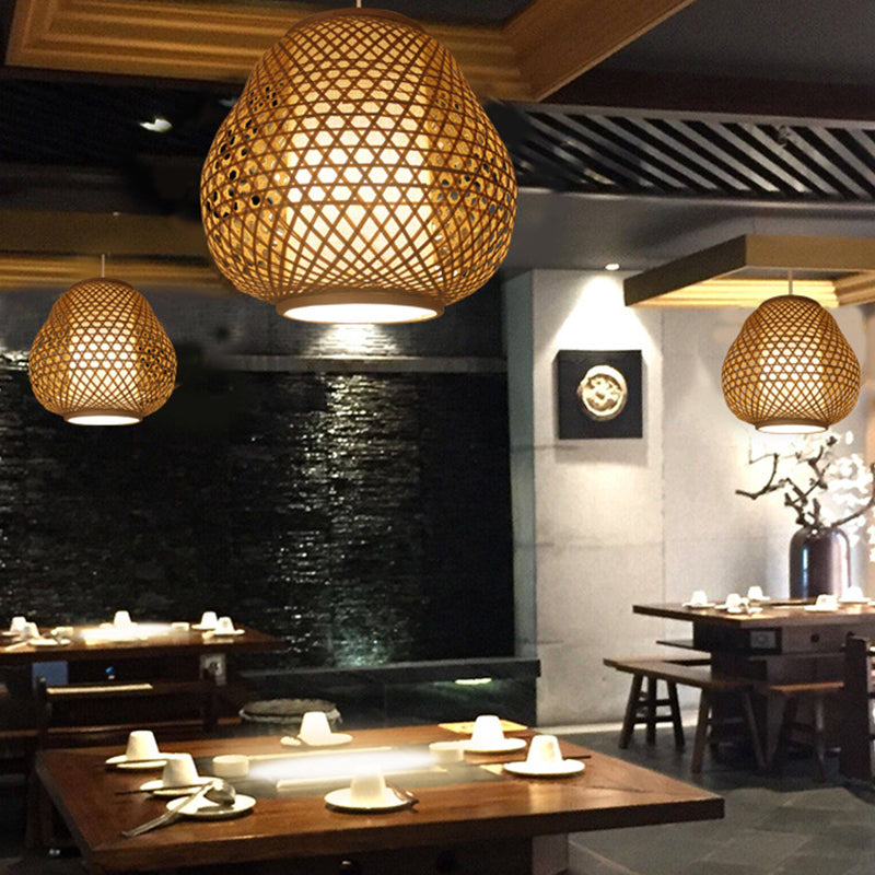 Asian 1 Bulb Pendant Lighting Beige Teardrop Hanging Ceiling Light with Bamboo Shade Clearhalo 'Ceiling Lights' 'Pendant Lights' 'Pendants' Lighting' 361416