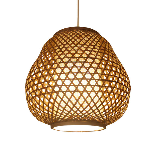 Asian 1 Bulb Pendant Lighting Beige Teardrop Hanging Ceiling Light with Bamboo Shade Clearhalo 'Ceiling Lights' 'Pendant Lights' 'Pendants' Lighting' 361417