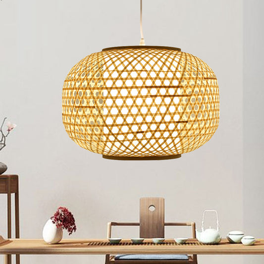 1 Head Bedroom Hanging Lamp Asia Beige Ceiling Pendant Light with Lantern Bamboo Shade Clearhalo 'Ceiling Lights' 'Pendant Lights' 'Pendants' Lighting' 361424