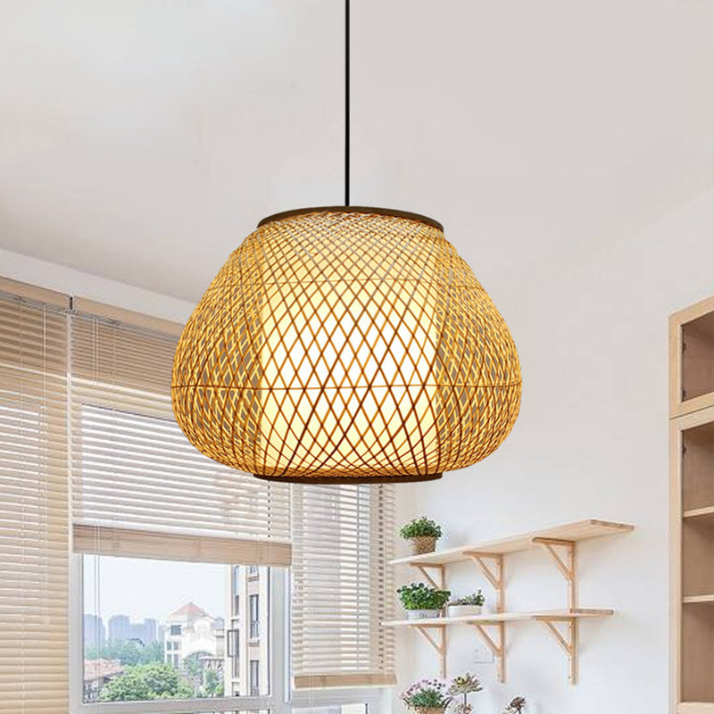 Pear Pendant Light Chinese Bamboo 1 Bulb Beige Suspended Lighting Fixture for Living Room Clearhalo 'Ceiling Lights' 'Pendant Lights' 'Pendants' Lighting' 361429