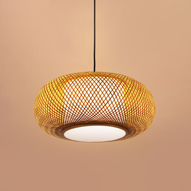 Curved Drum Pendant Lamp Asian Bamboo 1 Bulb Beige Hanging Ceiling Light, 16"/19.5" Wide Clearhalo 'Ceiling Lights' 'Pendant Lights' 'Pendants' Lighting' 361440