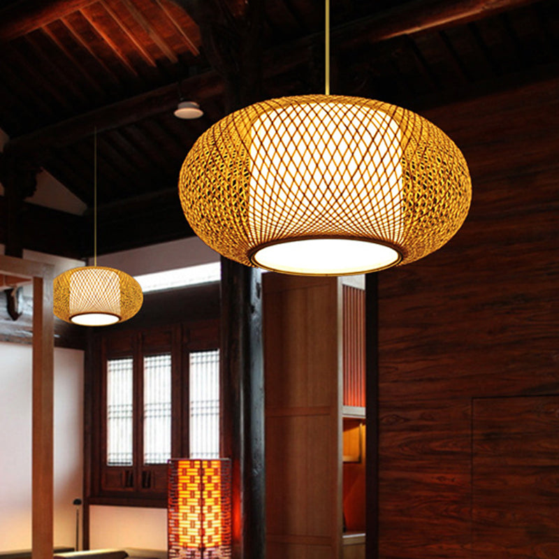 Curved Drum Pendant Lamp Asian Bamboo 1 Bulb Beige Hanging Ceiling Light, 16"/19.5" Wide Clearhalo 'Ceiling Lights' 'Pendant Lights' 'Pendants' Lighting' 361442