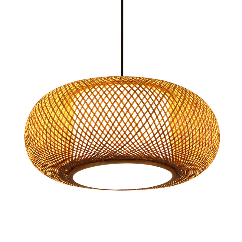 Curved Drum Pendant Lamp Asian Bamboo 1 Bulb Beige Hanging Ceiling Light, 16"/19.5" Wide Clearhalo 'Ceiling Lights' 'Pendant Lights' 'Pendants' Lighting' 361443