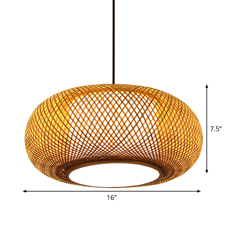 Curved Drum Pendant Lamp Asian Bamboo 1 Bulb Beige Hanging Ceiling Light, 16"/19.5" Wide Clearhalo 'Ceiling Lights' 'Pendant Lights' 'Pendants' Lighting' 361444