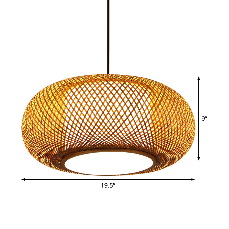 Curved Drum Pendant Lamp Asian Bamboo 1 Bulb Beige Hanging Ceiling Light, 16"/19.5" Wide Clearhalo 'Ceiling Lights' 'Pendant Lights' 'Pendants' Lighting' 361445