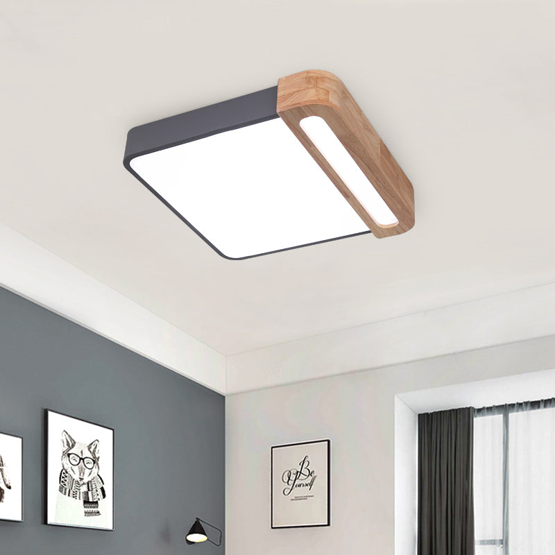 Nordic Square Acrylic Flush Light 12"/16" Wide LED Surface Ceiling Lamp in Grey/White/Red with Wood Guard Clearhalo 'Ceiling Lights' 'Close To Ceiling Lights' 'Close to ceiling' 'Flush mount' Lighting' 361446