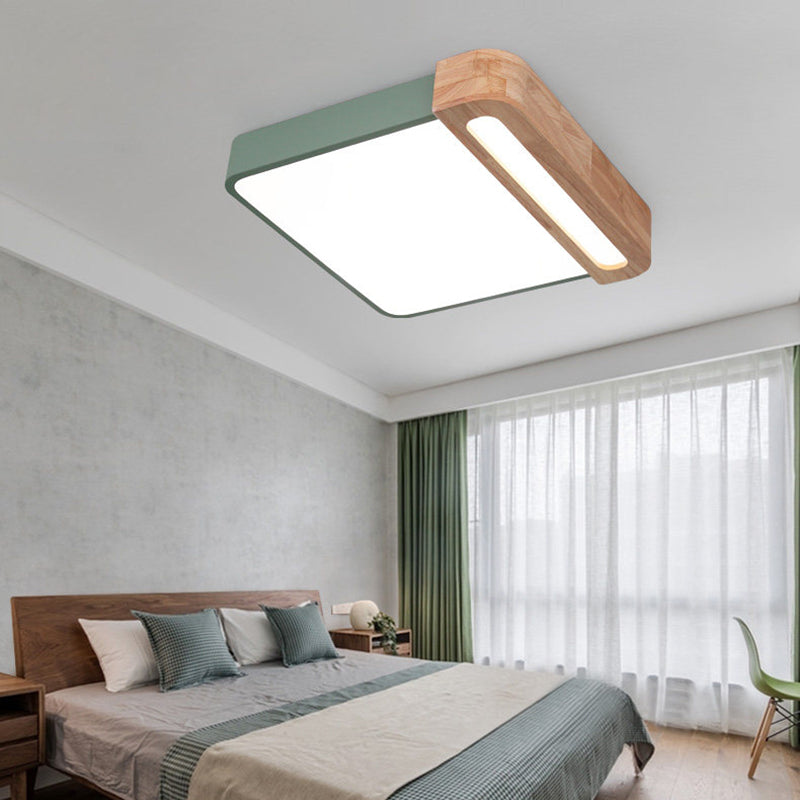 Nordic Square Acrylic Flush Light 12"/16" Wide LED Surface Ceiling Lamp in Grey/White/Red with Wood Guard Green 12" Clearhalo 'Ceiling Lights' 'Close To Ceiling Lights' 'Close to ceiling' 'Flush mount' Lighting' 361453