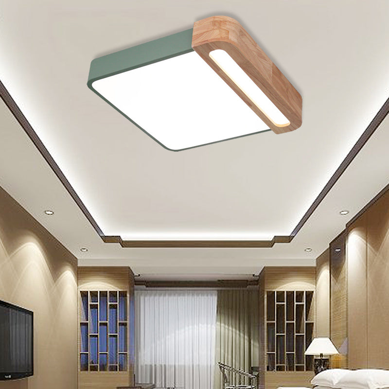 Nordic Square Acrylic Flush Light 12"/16" Wide LED Surface Ceiling Lamp in Grey/White/Red with Wood Guard Green 16" Clearhalo 'Ceiling Lights' 'Close To Ceiling Lights' 'Close to ceiling' 'Flush mount' Lighting' 361458