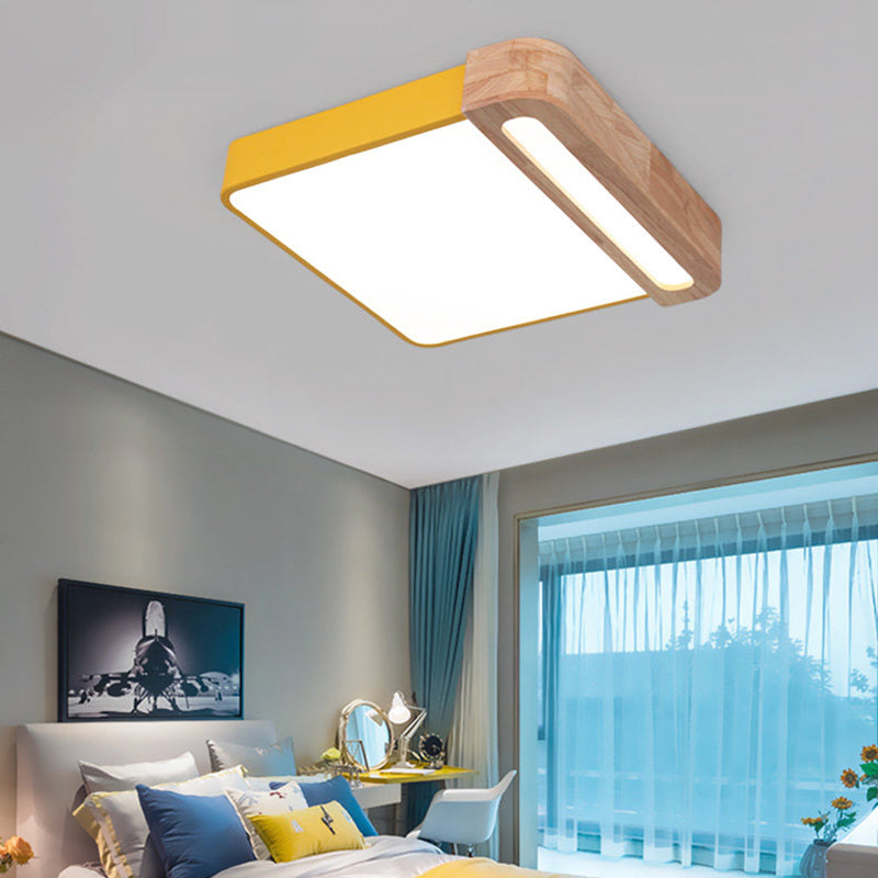 Nordic Square Acrylic Flush Light 12"/16" Wide LED Surface Ceiling Lamp in Grey/White/Red with Wood Guard Yellow 12" Clearhalo 'Ceiling Lights' 'Close To Ceiling Lights' 'Close to ceiling' 'Flush mount' Lighting' 361467