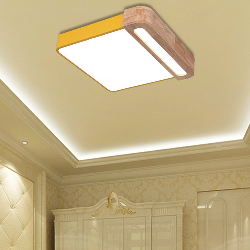 Nordic Square Acrylic Flush Light 12"/16" Wide LED Surface Ceiling Lamp in Grey/White/Red with Wood Guard Yellow 16" Clearhalo 'Ceiling Lights' 'Close To Ceiling Lights' 'Close to ceiling' 'Flush mount' Lighting' 361471