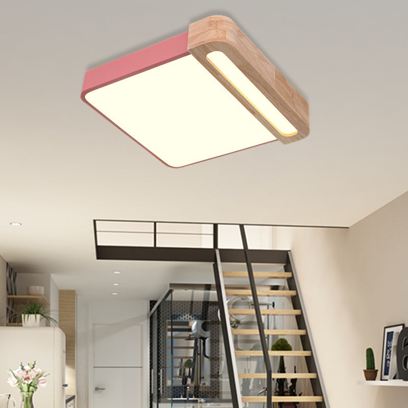 Nordic Square Acrylic Flush Light 12"/16" Wide LED Surface Ceiling Lamp in Grey/White/Red with Wood Guard Red 12" Clearhalo 'Ceiling Lights' 'Close To Ceiling Lights' 'Close to ceiling' 'Flush mount' Lighting' 361474