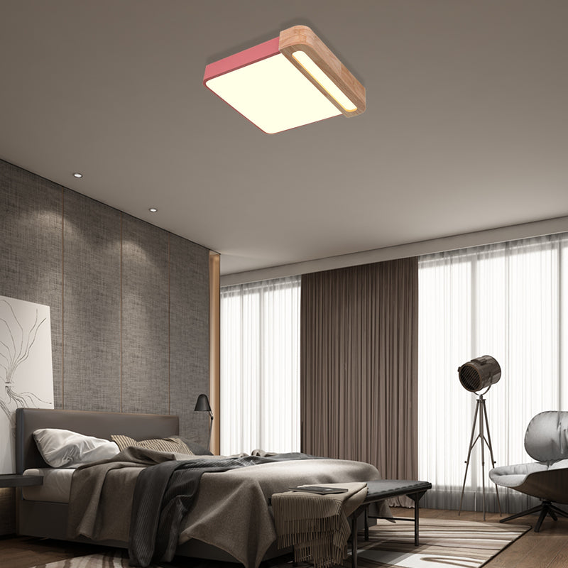 Nordic Square Acrylic Flush Light 12"/16" Wide LED Surface Ceiling Lamp in Grey/White/Red with Wood Guard Clearhalo 'Ceiling Lights' 'Close To Ceiling Lights' 'Close to ceiling' 'Flush mount' Lighting' 361475