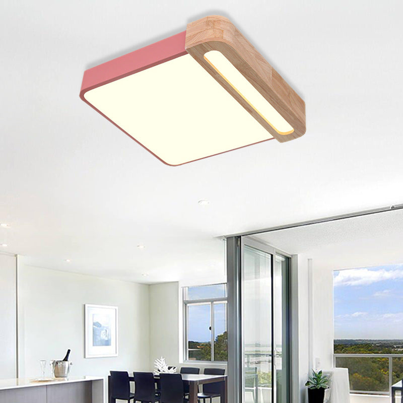 Nordic Square Acrylic Flush Light 12"/16" Wide LED Surface Ceiling Lamp in Grey/White/Red with Wood Guard Red 16" Clearhalo 'Ceiling Lights' 'Close To Ceiling Lights' 'Close to ceiling' 'Flush mount' Lighting' 361478