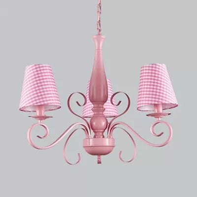 Girl Bedroom Tapered Shade Chandelier Metal 3 Lights Kids Pink Hanging Light Pink Trellis Clearhalo 'Ceiling Lights' 'Chandeliers' Lighting' options 36190_43463597-8690-44f3-905f-1ad3999330e7