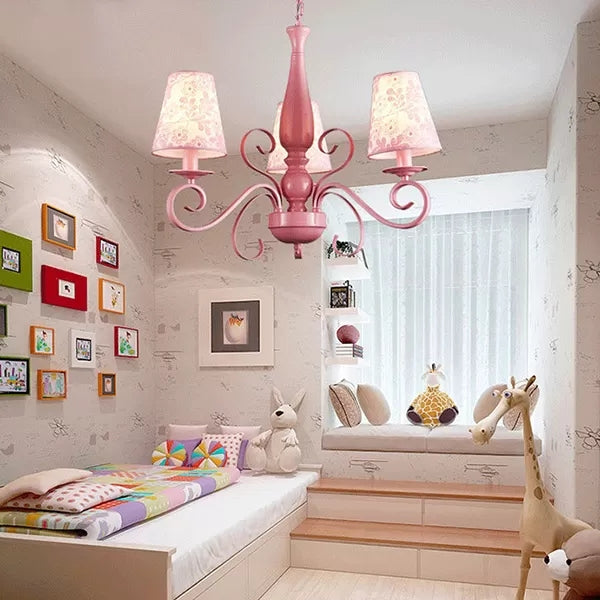 Girl Bedroom Tapered Shade Chandelier Metal 3 Lights Kids Pink Hanging Light Clearhalo 'Ceiling Lights' 'Chandeliers' Lighting' options 36194