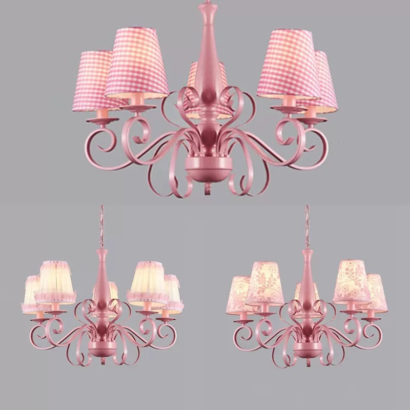 Kids Tapered Shade Chandelier 5 Lights Metal Hanging Lamp in Pink for Living Room Clearhalo 'Ceiling Lights' 'Chandeliers' Lighting' options 36197