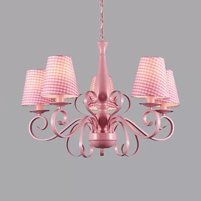 Kids Tapered Shade Chandelier 5 Lights Metal Hanging Lamp in Pink for Living Room Clearhalo 'Ceiling Lights' 'Chandeliers' Lighting' options 36198