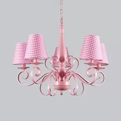Kids Tapered Shade Chandelier 5 Lights Metal Hanging Lamp in Pink for Living Room Pink Trellis Clearhalo 'Ceiling Lights' 'Chandeliers' Lighting' options 36199_494b3ff3-da90-4423-a8ca-3bca4b362ad8