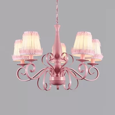 Kids Tapered Shade Chandelier 5 Lights Metal Hanging Lamp in Pink for Living Room Pink Lace Clearhalo 'Ceiling Lights' 'Chandeliers' Lighting' options 36200_64e22b03-4537-4718-a218-7f472dc92a7a