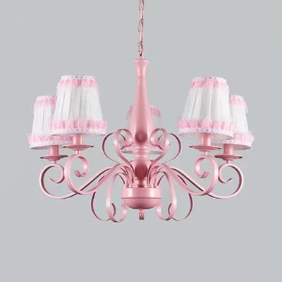 Kids Tapered Shade Chandelier 5 Lights Metal Hanging Lamp in Pink for Living Room Clearhalo 'Ceiling Lights' 'Chandeliers' Lighting' options 36201