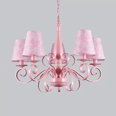 Kids Tapered Shade Chandelier 5 Lights Metal Hanging Lamp in Pink for Living Room Clearhalo 'Ceiling Lights' 'Chandeliers' Lighting' options 36203