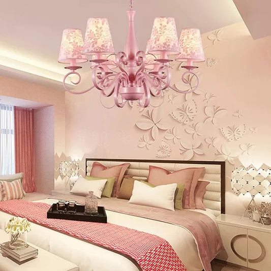 Kids Tapered Shade Chandelier 5 Lights Metal Hanging Lamp in Pink for Living Room Clearhalo 'Ceiling Lights' 'Chandeliers' Lighting' options 36204