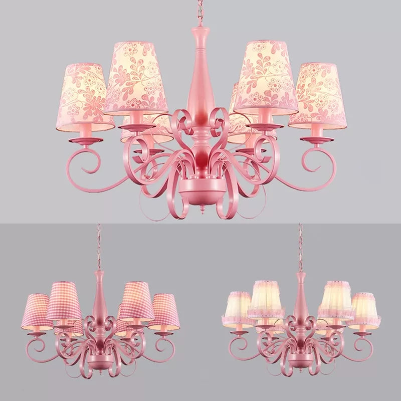 Modern Tapered Shade Chandelier Metal Fabric 6 Lights Pink Pendant Light for Study Room Clearhalo 'Ceiling Lights' 'Chandeliers' Lighting' options 36205