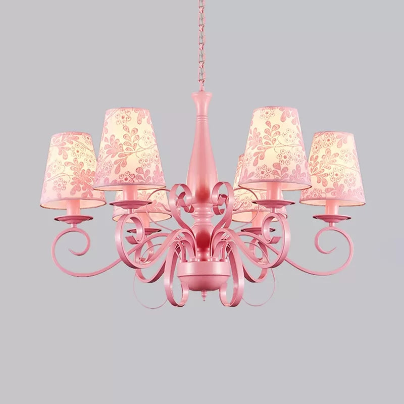 Modern Tapered Shade Chandelier Metal Fabric 6 Lights Pink Pendant Light for Study Room Pink Flower Clearhalo 'Ceiling Lights' 'Chandeliers' Lighting' options 36206_1ec2f3e5-6200-46a6-ae6a-0456f20134bb