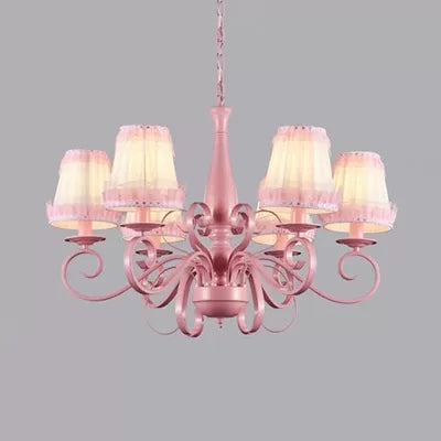 Modern Tapered Shade Chandelier Metal Fabric 6 Lights Pink Pendant Light for Study Room Pink Lace Clearhalo 'Ceiling Lights' 'Chandeliers' Lighting' options 36207_e55848ea-4c12-40d6-a615-673f06ca9726