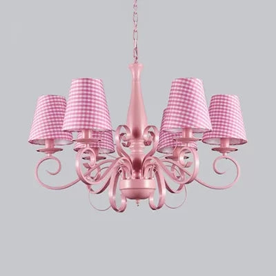 Modern Tapered Shade Chandelier Metal Fabric 6 Lights Pink Pendant Light for Study Room Pink Trellis Clearhalo 'Ceiling Lights' 'Chandeliers' Lighting' options 36210_8313d40a-7b14-43af-86fd-badbb61e84e6