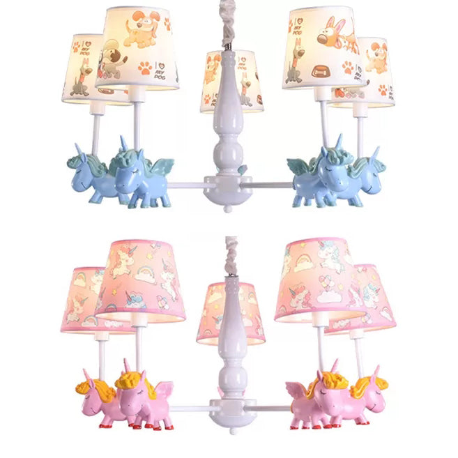 Unicorn Child Bedroom Chandelier with Fabric Shade Metal 5 Heads Lovely Pendant Lamp Clearhalo 'Ceiling Lights' 'Chandeliers' Lighting' options 36278