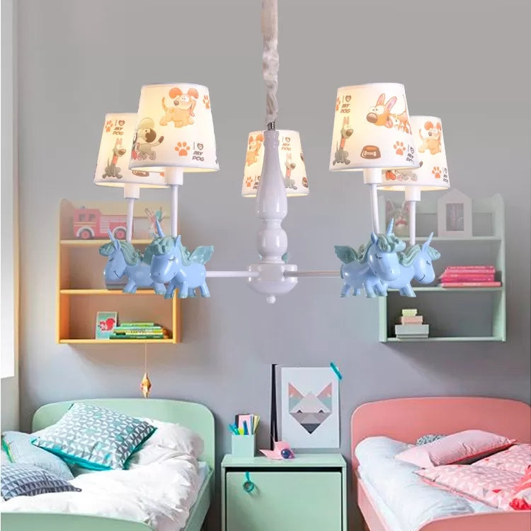 Unicorn Child Bedroom Chandelier with Fabric Shade Metal 5 Heads Lovely Pendant Lamp Clearhalo 'Ceiling Lights' 'Chandeliers' Lighting' options 36280