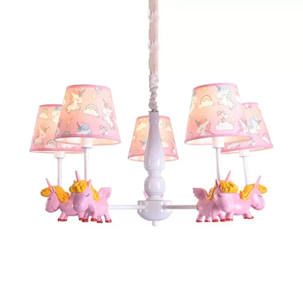 Unicorn Child Bedroom Chandelier with Fabric Shade Metal 5 Heads Lovely Pendant Lamp Pink Clearhalo 'Ceiling Lights' 'Chandeliers' Lighting' options 36282_c9796fb9-3977-4b1d-9cba-2aea75f52209