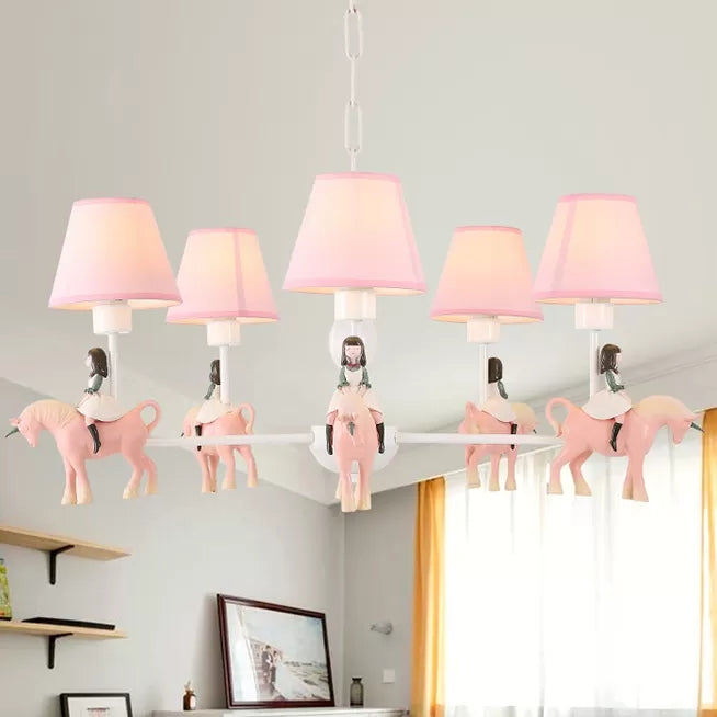 Girls Bedroom Carousel Chandelier Metal & Resin Kids Pink Hanging Light with Fabric Shade 5 Pink Clearhalo 'Ceiling Lights' 'Chandeliers' Lighting' options 36292_a72a9a2f-263d-434a-9dde-e924e07c0749