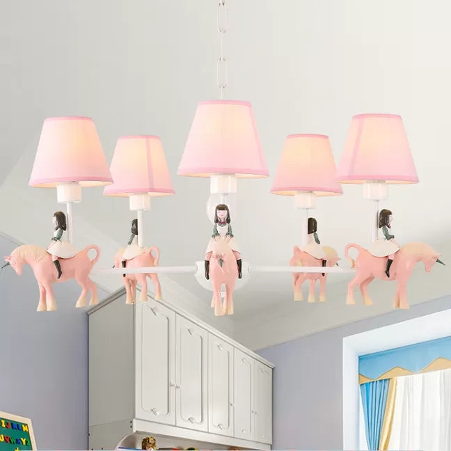 Girls Bedroom Carousel Chandelier Metal & Resin Kids Pink Hanging Light with Fabric Shade Clearhalo 'Ceiling Lights' 'Chandeliers' Lighting' options 36293