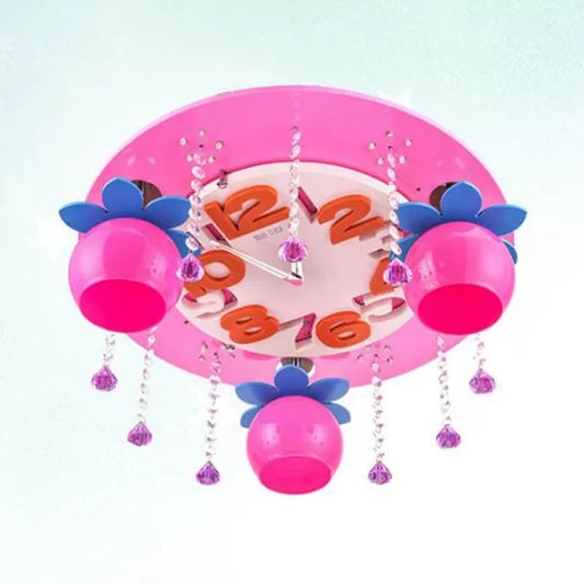 Kid Bedroom Clock Ceiling Mount Light with Crystal Wood 3 Heads Creative Ceiling Lamp Pink Clearhalo 'Ceiling Lights' 'Close To Ceiling Lights' 'Close to ceiling' 'Flush mount' Lighting' 36392