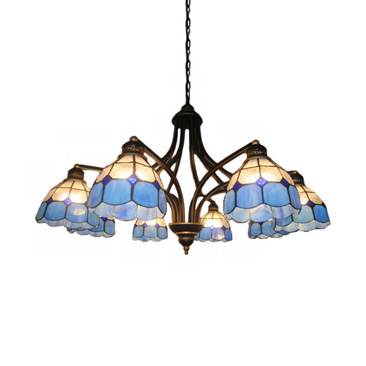 Blue Glass Semi Globe Chandelier with Metal Chain 6/8 Lights Tiffany Pendant Lighting for Bedroom Clearhalo 'Ceiling Lights' 'Chandeliers' 'Industrial' 'Middle Century Chandeliers' 'Tiffany Chandeliers' 'Tiffany close to ceiling' 'Tiffany' Lighting' 36455