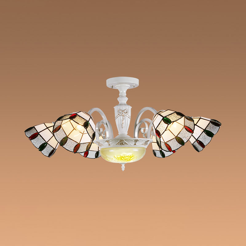 Beaded Indoor Chandelier White Glass Shade 3/5/8/6 Lights Vintage Pendant Lighting for Living Room Clearhalo 'Ceiling Lights' 'Close To Ceiling Lights' 'Close to ceiling' 'Glass shade' 'Glass' 'Semi-flushmount' 'Tiffany close to ceiling' 'Tiffany' Lighting' 36669