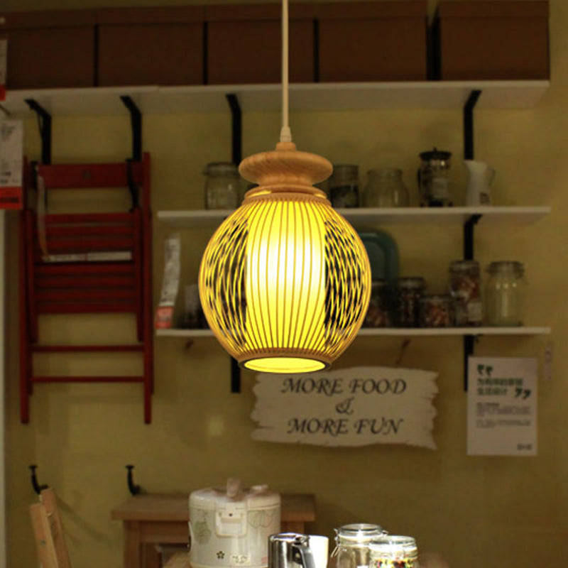 Jar Ceiling Lamp Japanese Bamboo 9"/12" Wide 1 Head Beige Pendant Lighting Fixture with Inner Tubular Parchment Shade Clearhalo 'Ceiling Lights' 'Pendant Lights' 'Pendants' Lighting' 367136