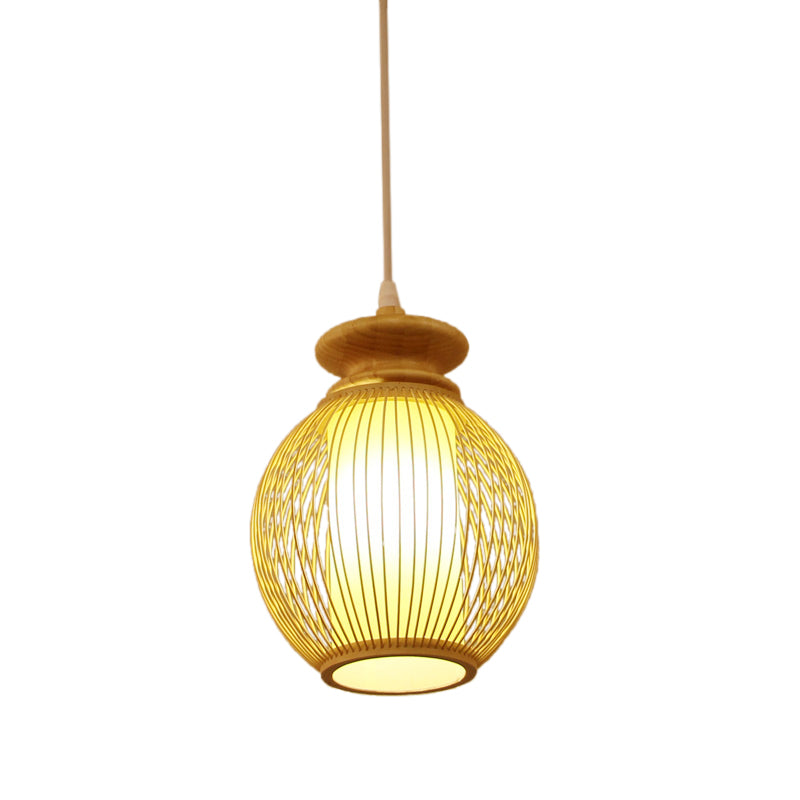 Jar Ceiling Lamp Japanese Bamboo 9"/12" Wide 1 Head Beige Pendant Lighting Fixture with Inner Tubular Parchment Shade Clearhalo 'Ceiling Lights' 'Pendant Lights' 'Pendants' Lighting' 367138